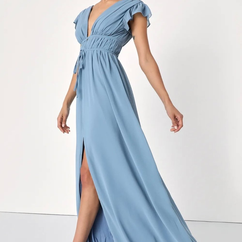 I'm All Yours Slate Blue Ruffled Maxi Dress Size Medium
